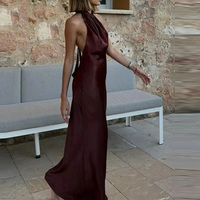 Halter Satin Long Dress Women Tied Backless Brown Midi Dress Summer Off Shoulder Party Dresses Pleated Evening Dress 2